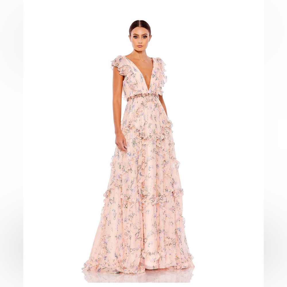 New! MAC Duggal Women's Women's Ieena Ruffled Floral Print Cap Sleeve Gown